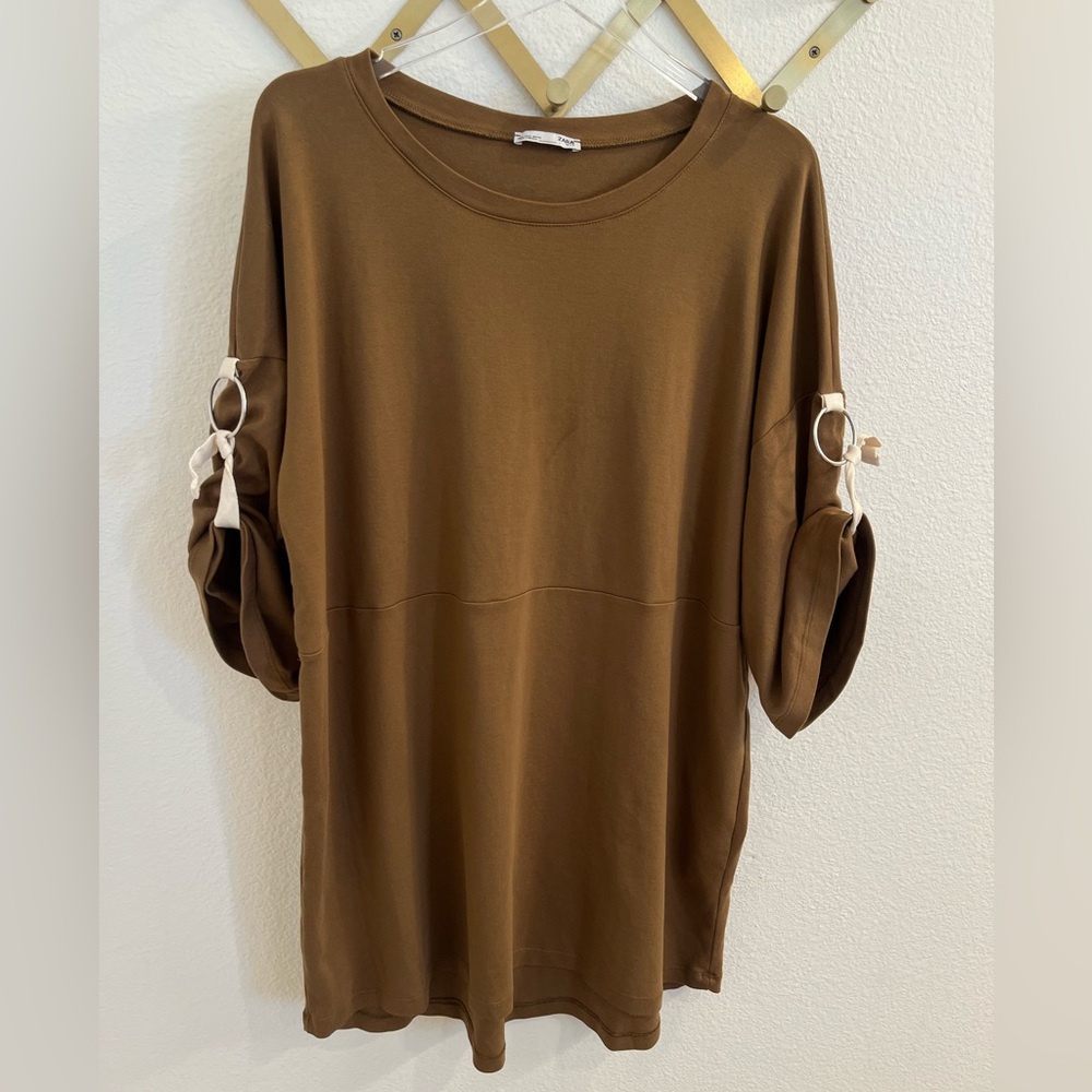 Zara Tie Sleeve Camel Mini Dress Tunic Large